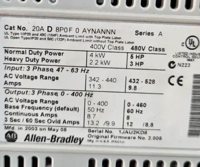 Allen Bradley 20AD8P0F0AYNANNN AC Drive 5Hp (BIN415)