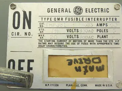 General Electric THP361 Fusible Panelboard Disconnect Switch QMR 30A 600V 3 Pole