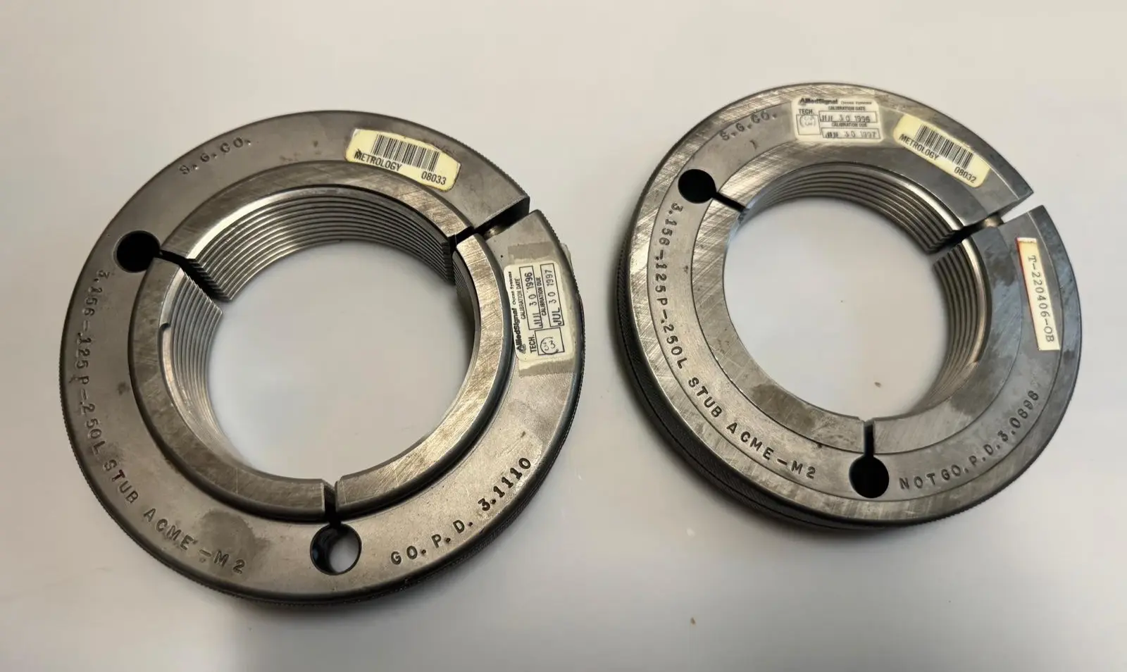 3.156 -.125P-.250L STUB ACME-M2 GO & NO GO Thread Ring Gage P.D. 3.1110 & 3.0898