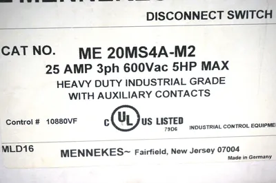 NEW SEALED MENNEKES ME-20MS4A-M2 DISCONNECT SWITCH ME20MS4AM2