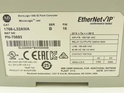 Allen Bradley 1766-L32AWA MicroLogix 1400 Controller Module 32Pt Series B FW 16