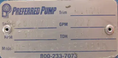 NEW PREFERRED PUMP WN-2.5-20-2T-3912 PUMP 20HP 230/460V EJPM4106T 256JP 227GPM