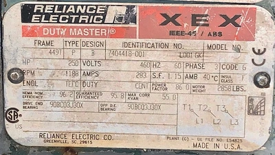 250 hp 1188 rpm 460 volts Reliance Electric AC Motor
