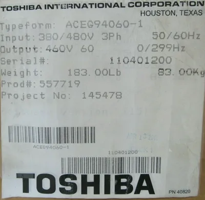 NEW TOSHIBA 60HP TRANSISTOR INVERTER ACE G9 380/480V ACEG94060-1