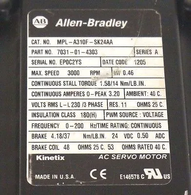 NEW ALLEN BRADLEY MPL-A310F-SK24AA SERVO MOTOR SER. A, 7031-01-4303