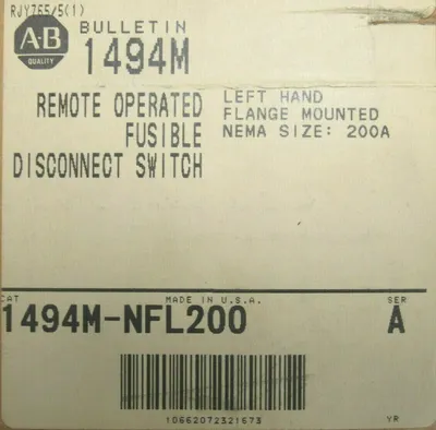 NEW ALLEN BRADLEY 1494M-NFL200 DISCONNECT SWITCH 200A SER.A 1494MNFL200