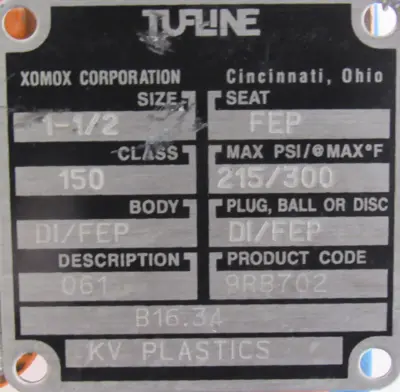 NEW TUFLIN 9RB702 VALVE 1-1/2" HG368