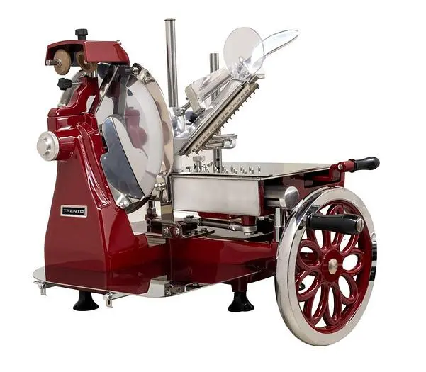 Trento 10″ Diameter Blade Volano Manual Slicer with Flower Flywheel and Stainless Steel Tray - SEE VIDEO