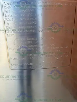 USED ALLEGHENY 400 LITER STAINLESS STEEL JACKETED REACTOR 45 PSI W/ 5 HP TOP MIXER