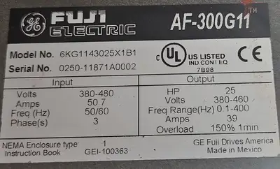 GE Fuji 6KG1143025X1B1 AF-300G11 Variable Frequency Drive 25HP (BIN755)