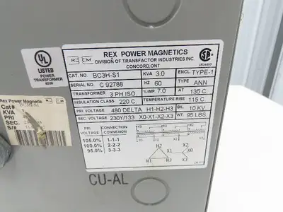 Rex Power Mag BC3H-S1 Stepdown Power Iso Transformer 3kva 3Ph HV 480D LV 230/133