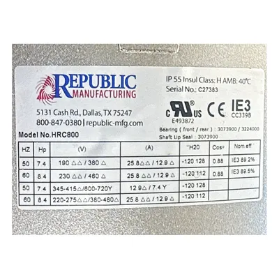 New | in-Stock REPUBLIC BLOWER SYSTEMS HRC800 Blowers West Virginia US | JM Industrial #1332441