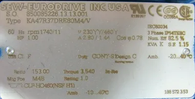 NEW SEW EURODRIVE KA47R37DRE80M4/V GEAR REDUCER 1HP 153:1 1740RPM 01823582