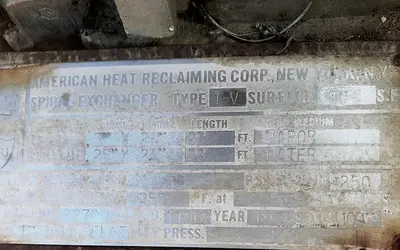 Heat Exchanger, Spiral, 90 SF, American Heat Reclaiming, S/st, 75 PSI, #S742581