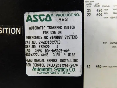 ASCO E962315097XC Automatic Transfer Switch 150A 480Y/277V 3Ph 4 Wire Used