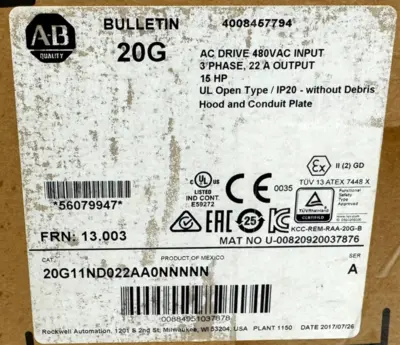 ALLEN BRADLEY 20G11ND022AA0NNNNN POWERFLEX 755 SER. A 15HP UNOPENED SURPLUS