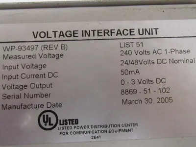 Tyco WP-93497 AC Voltage Interface VIU 0-3VDC 1PH Galaxy Millennium Controller