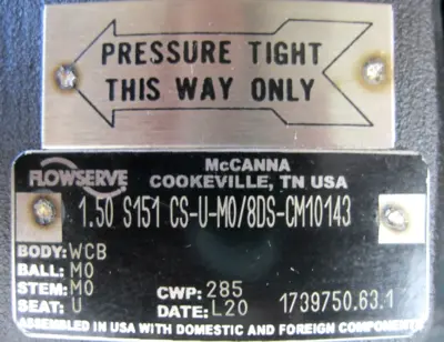 NEW 1-1/2" 150# McCanna Flowserve WCB 1.50 S151CS-U-M0/8DS-CM10143 Ball Valve A6