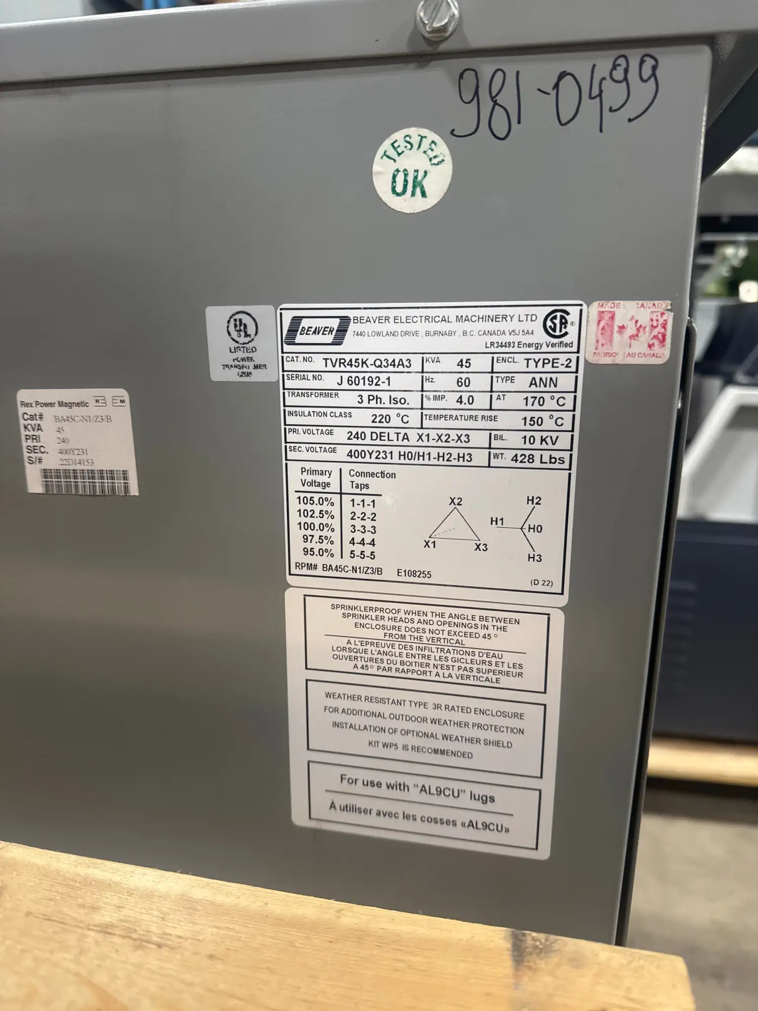 45 KVA - 240ΔV to 400Y/231V 3 Phase Isolation transformer