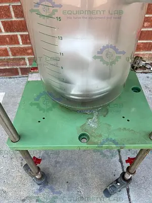 USED CHEMGLASS 20 LITER JACKETED GLASS REACTOR W/ CHEMGLASS OVERHEAD STIRRER