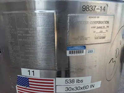 Tank, 39 Gallon (150 Liter), 316 Stainless Steel, Jacketed, Agitated, 45 PSI, Full Vac, #5991490