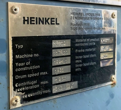 Heinkel HF 600 Inverting Filter centrifuge, 316SS.