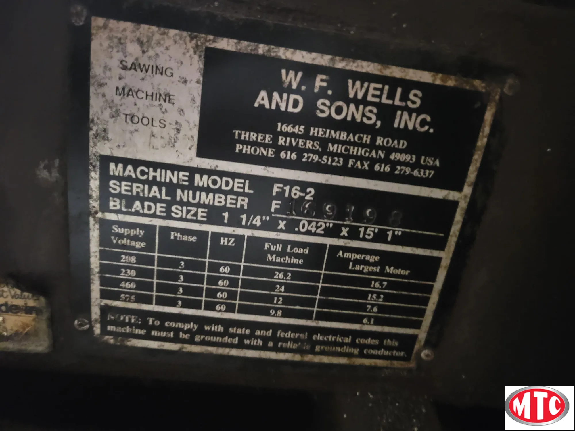 Used 1998 W.F.WELLS W16-2 | Horizontal Band Saws (Semi-Automatic)