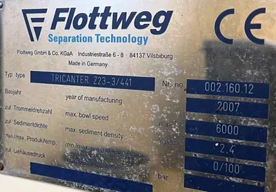 Flottweg Z23-3/441 sanitary tricanter centrifuge, 316SS.