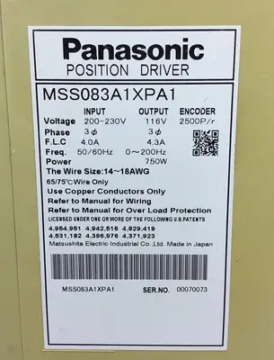 Panasonic MSS083A1XPA1 Position Drive Out: 750W 3Ph 4.3A 0-200Hz 116V~ 1B