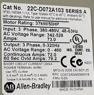Used ALLEN-BRADLEY ALLEN BRADLEY 22C-D072A103 SER A Variable Speed Drives | ND Industrial Surplus #1214112