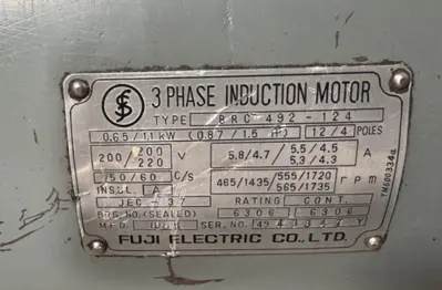 Fuji Electric BRC 492-124 3 Phase Induction Motor 0.87 1.5 hp 0.65 1.1 kW