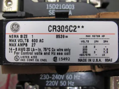 NEW GE CR306C203 NON-REVERSING MAGNETIC STARTER SIZE 1 230-240V 7.5 HP