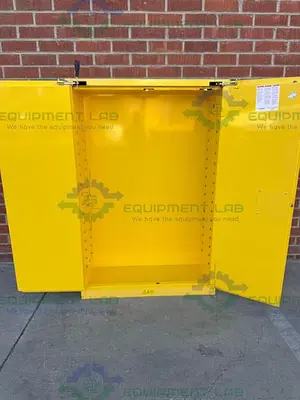 USED JUSTRITE 45 GALLON FLAMMABLE LIQUID STORAGE CABINET W/ SOFT CLOSE DOORS, KEY