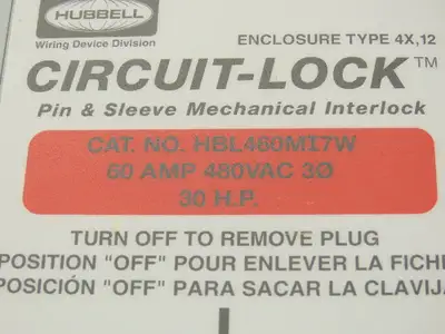 Hubbell HBL460MI7W Circuit-Lock Pin & Sleeve Female Interlock Plug 60A 480V 30HP
