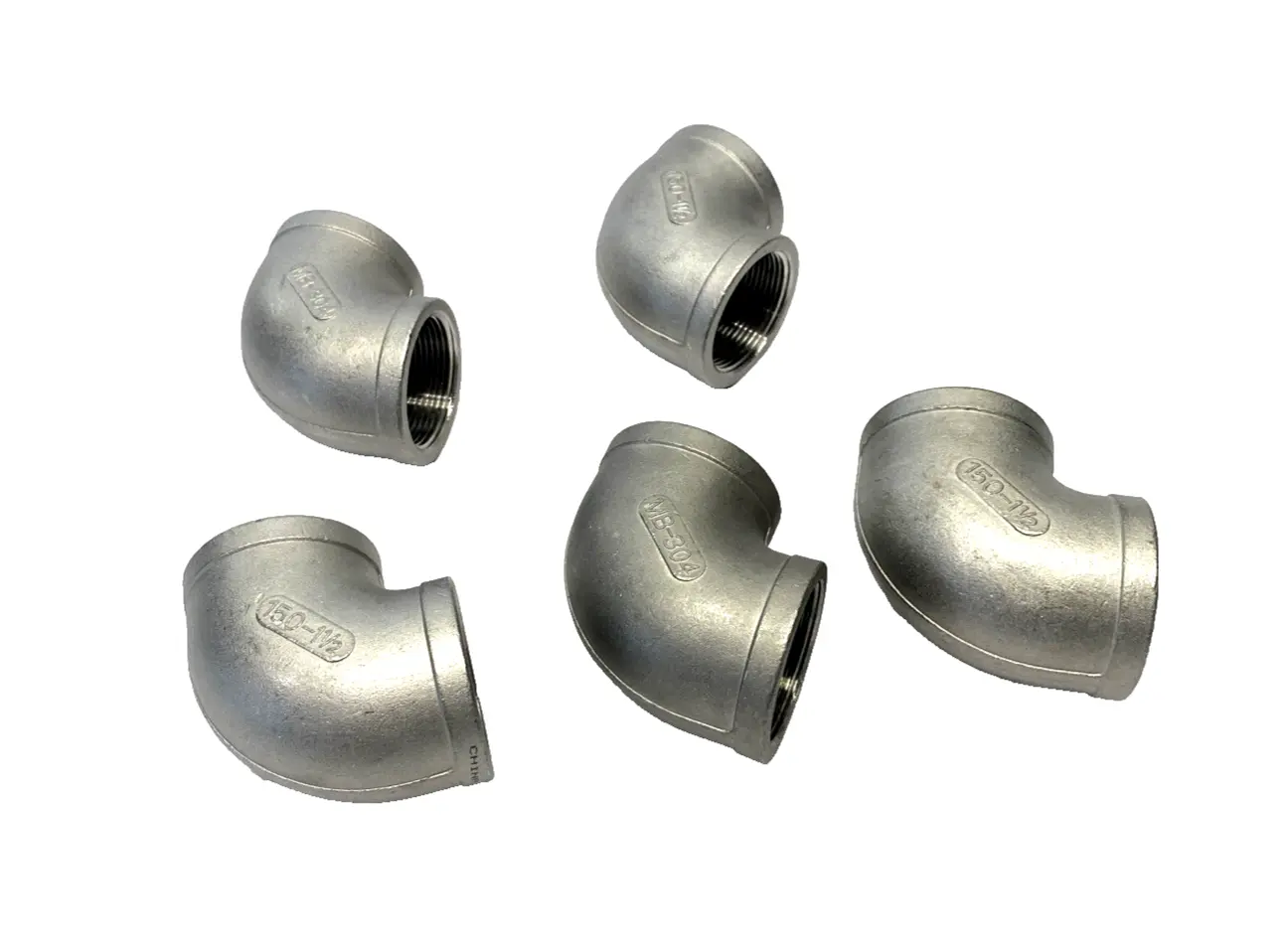 4464K18 | 304 SS Threaded Pipe Fitting, Low-Pressure, 90 Deg. Elbow 1-1/2" NPT 5PK - New – Open box