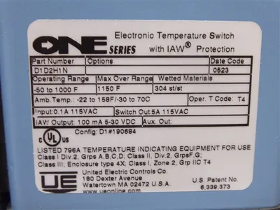 United Electric D1D2H1N One Series Temperature Switch -50 to 1000°F New NIB