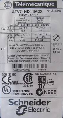 USED SCHNEIDER ELECTRIC ATV71HD11M3X ALTIVAR 71 DRIVE 15HP