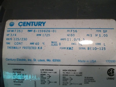 3/4 HP Century Electric Motor, 1725 rpm