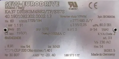 REFURBISHED SEW EURODRIVE KA37 DRS80M4BE2/TF/ES7S GEARMOTOR KA37DRS80M4BE2TFES7S