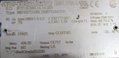 NEW SEW EURODRIVE R87R57D16B VARIABLE SPEED GEARMOTOR 400:1 DRS71M4/DH 230/460V