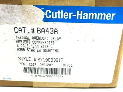 NEW SEALED CUTLER HAMER BA43A THERMAL OVERLOAD RELAY 3 POLE SIZE 4