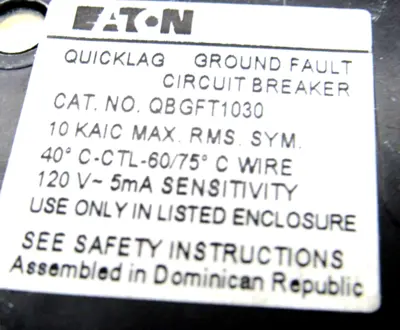NEW EATON QBGFT1030 CIRCUIT BREAKER 120V-60HZ