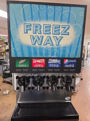 Used FBD MFG Used 26" FBD 774 Four Barrel Frozen Carbonated Beverage Dispenser 230V As Is Slushie Machines Illinois US | Falcon Restaurant Supply #1375159