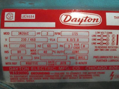 2 HP Dayton Electric Motor, 1725 rpm