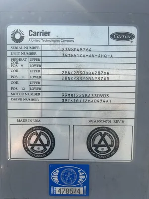 Carrier 39T Central Station Air-Handling Unit 33,000 CFM