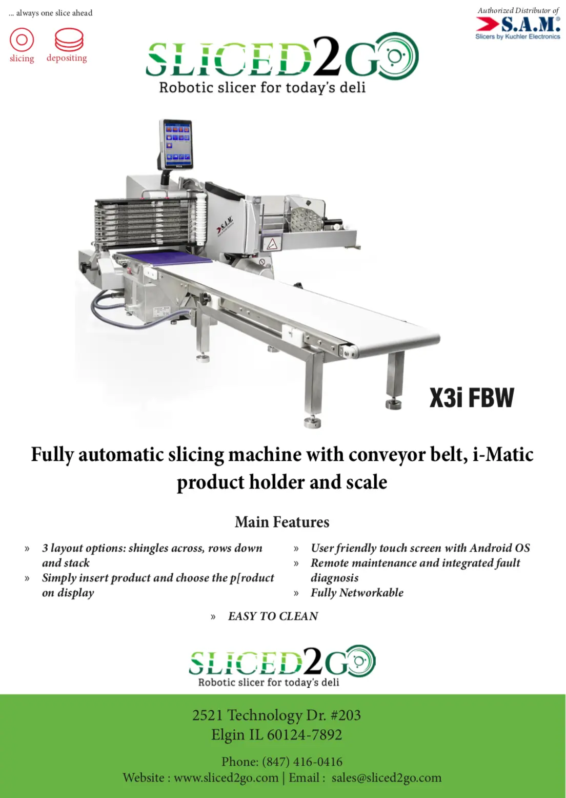 S.A.M. X3i FBW Fully Automatic Slicing Machine and Stacker with Conveyor Belt, i-Matic Product Holder and Scale