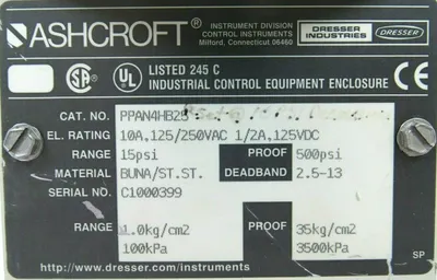 NEW ASHCROFT PPAN4HB25 PRESSURE SWITCH RANGE 15PSI PROOF 500PSI
