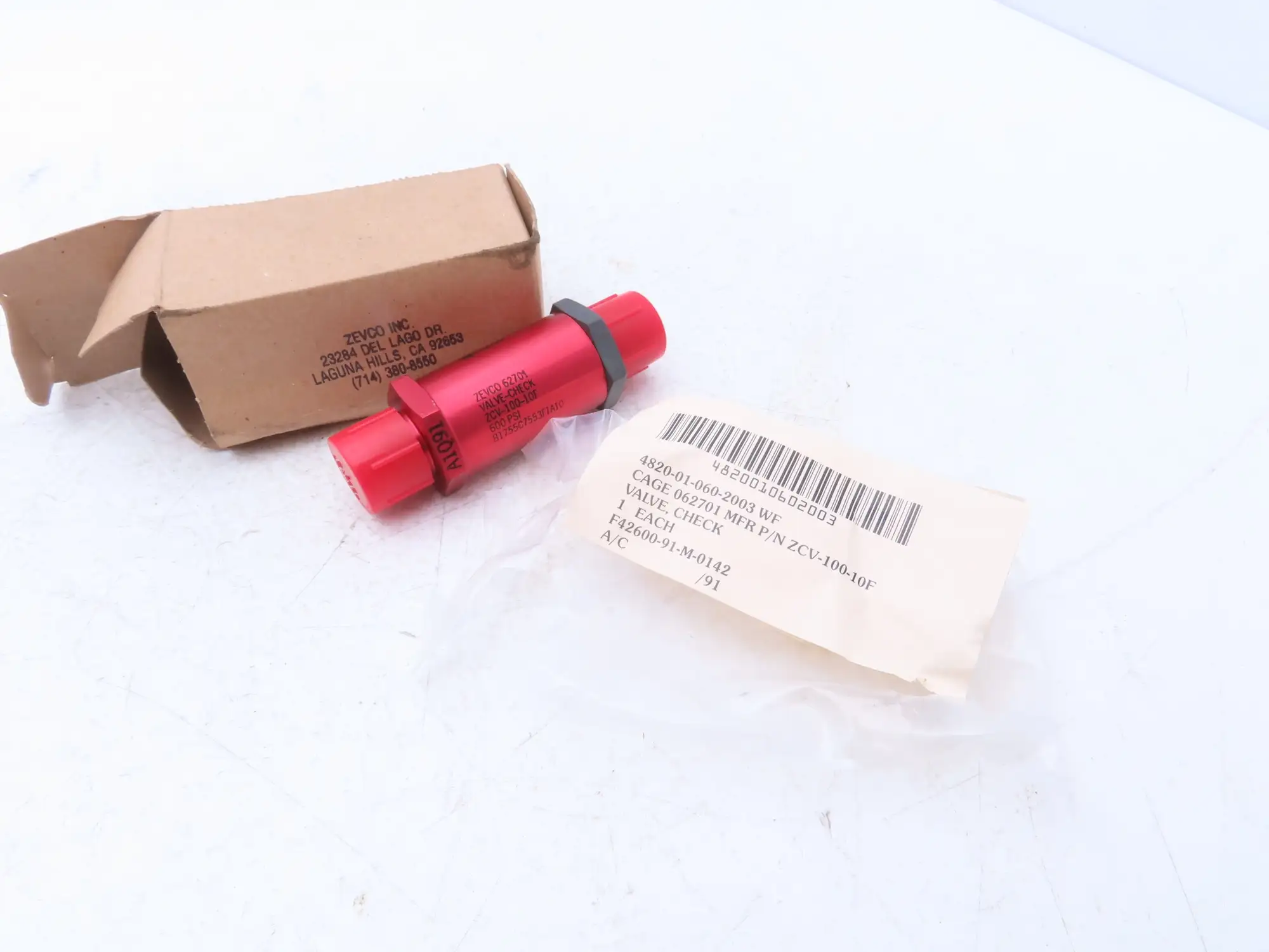 Zevco ZCV-100-10F 62701 Hydraulic Check Valve 600 PSI JIC 5/8-10 Flared