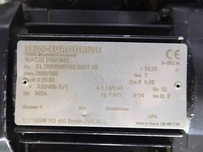 0.25kW SEW Eurodrive WAF20DR63M2 Geared Motor 230/400V 2660/260 RPM Used