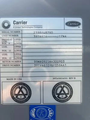 Carrier 39T Central Station Air-Handling Unit 33,000 CFM